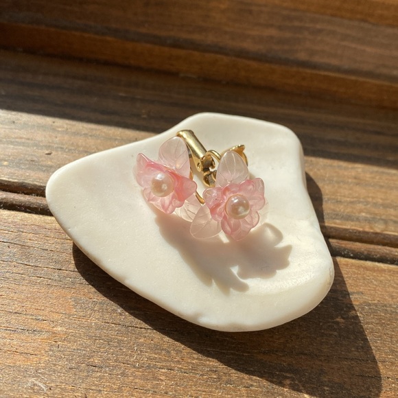 Dainty Pink Flower Clip On Earrings - Picture 3 of 4